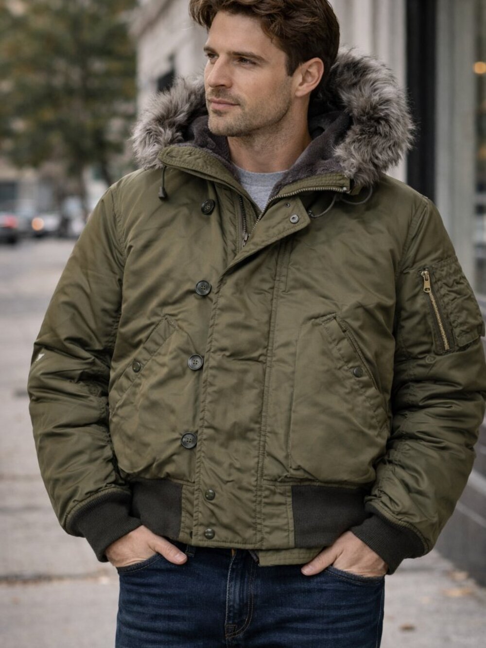 Vintage Alpha Industries N-2B Flight Jacket USAF Hooded Military Bomber Green L